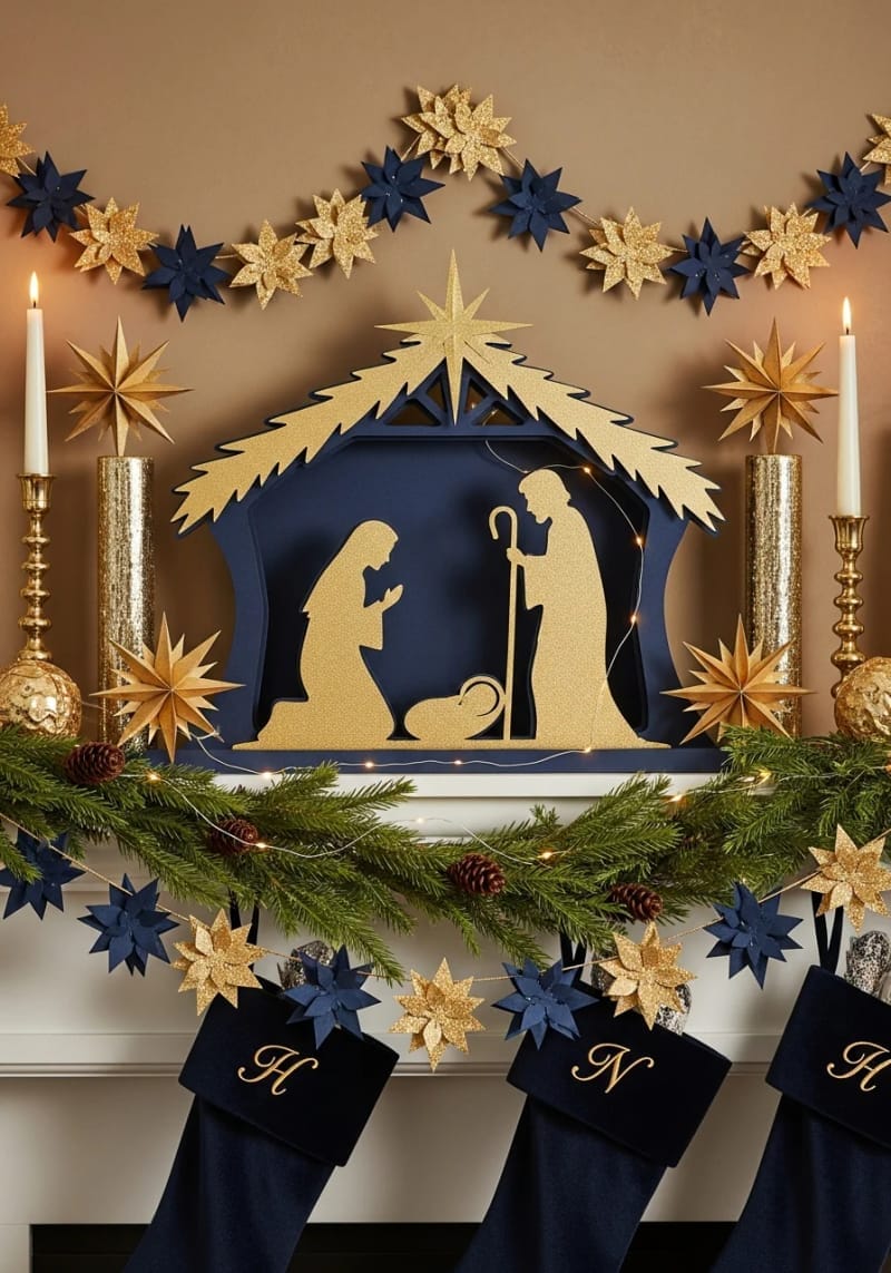 elegant nativity scene mantelpiece with layered gold and navy cardstock 1