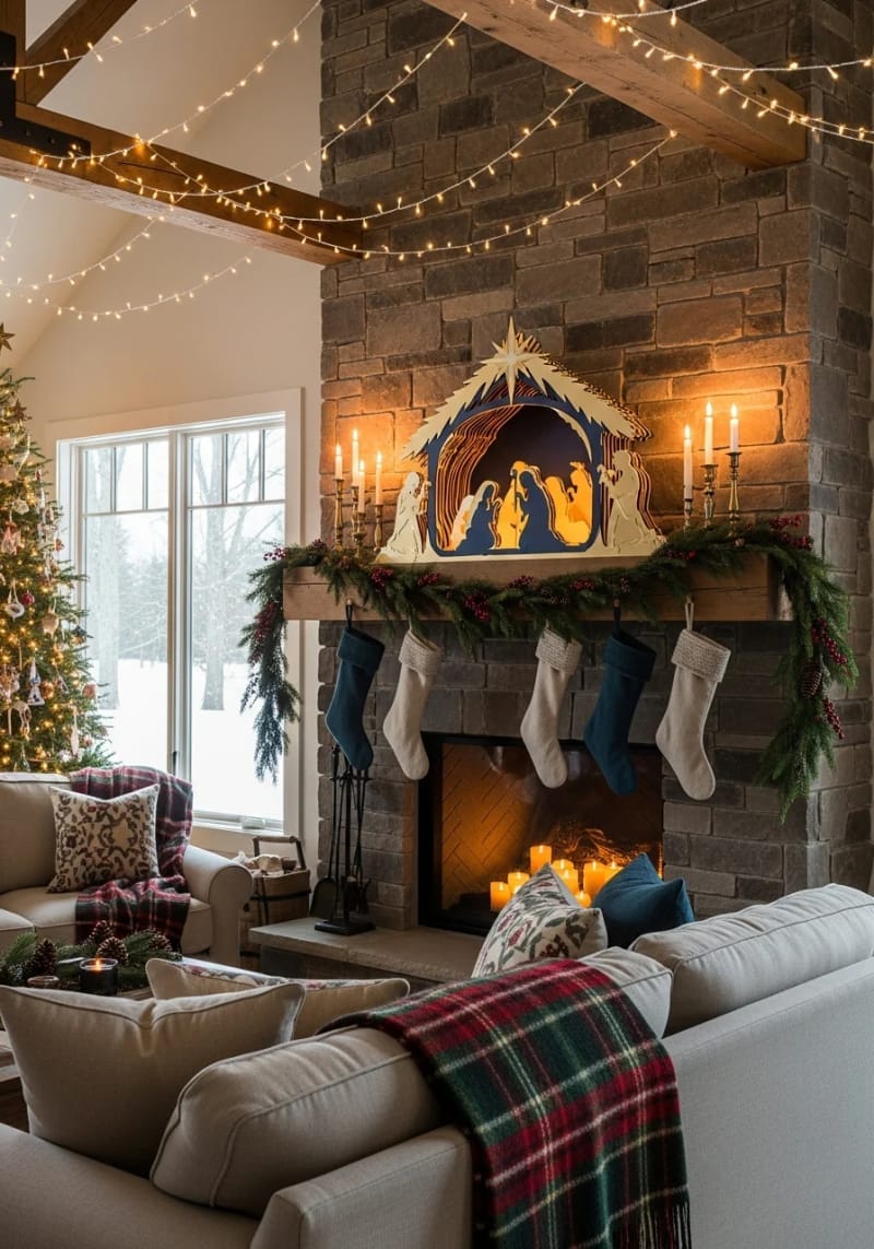 elegant nativity scene mantelpiece with layered gold and navy cardstock 1