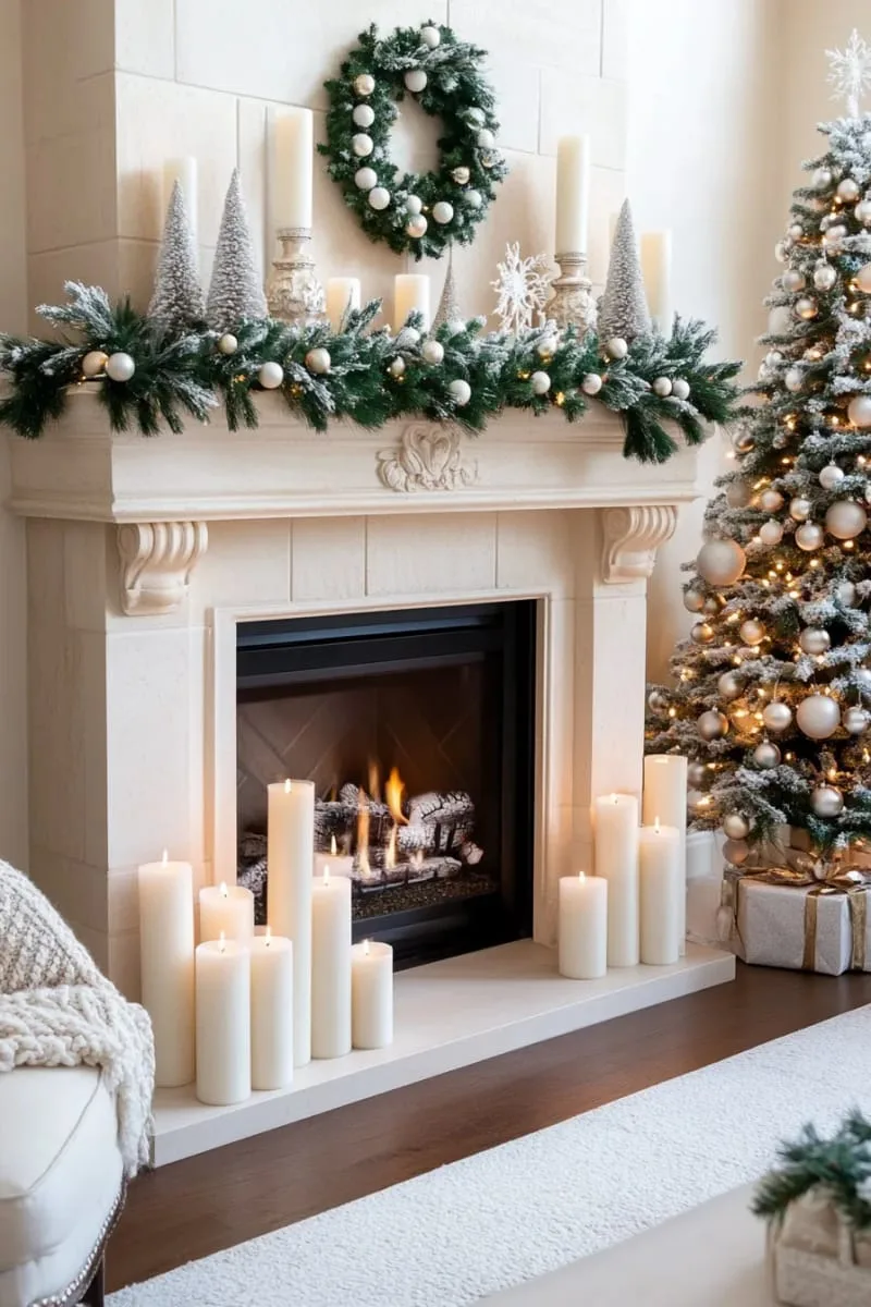elegant pillar candles surrounded by frosted greenery and pinecones 1