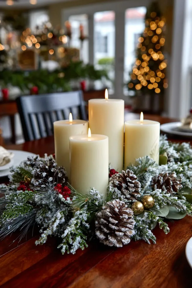 elegant pillar candles surrounded by frosted greenery and pinecones 1