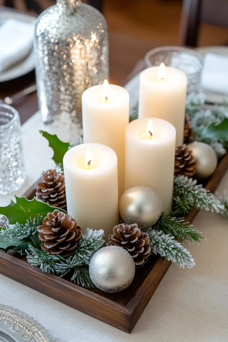 elegant pillar candles surrounded by frosted greenery and pinecones 1