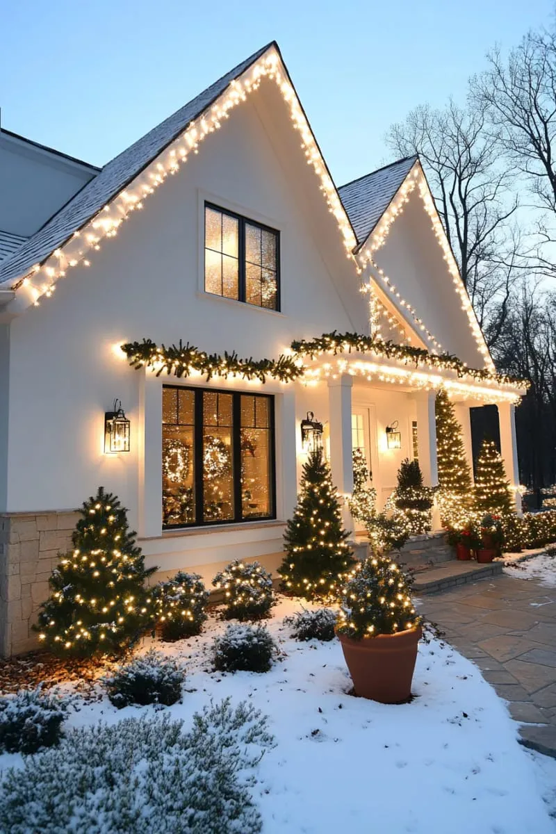 23 Exterior Christmas Decor Ideas Guests Will Remember All Season Long 24 elegant string lights outlining rooflines, windows, and classic white porch railings 1