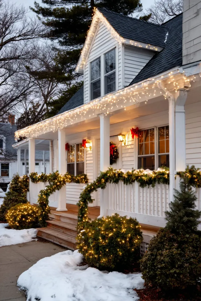23 Exterior Christmas Decor Ideas Guests Will Remember All Season Long 25 elegant string lights outlining rooflines, windows, and classic white porch railings 1