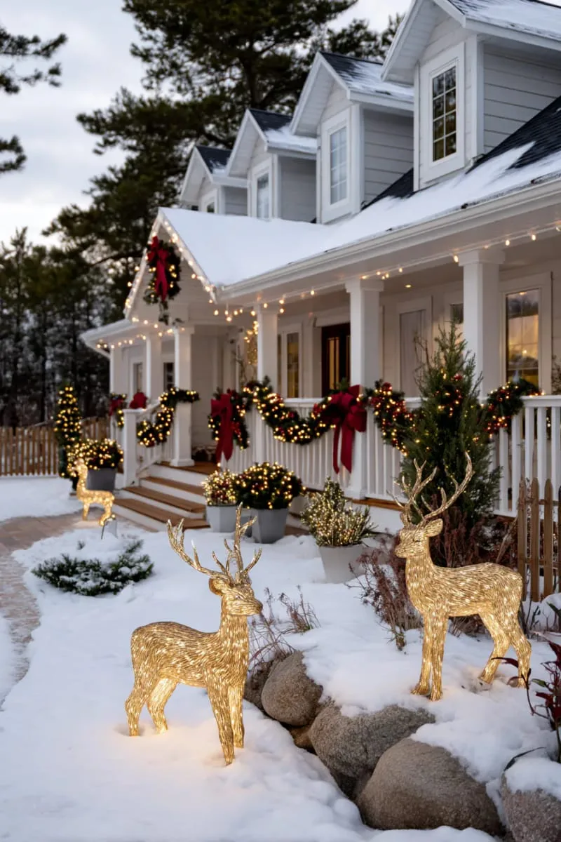 23 Exterior Christmas Decor Ideas Guests Will Remember All Season Long 28 elegant string lights outlining rooflines, windows, and classic white porch railings 1