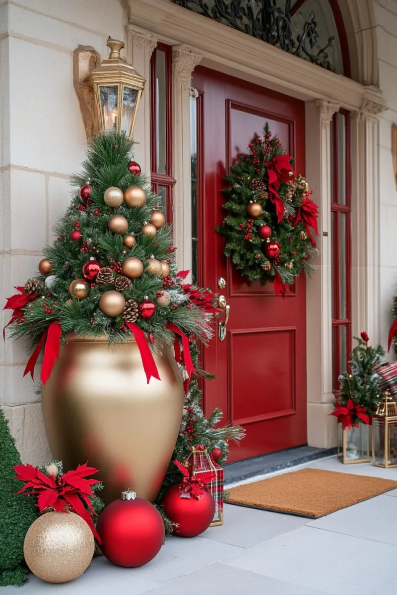 elegant topiary trees in gold pots adorned with trailing red ribbons and fairy lights 1