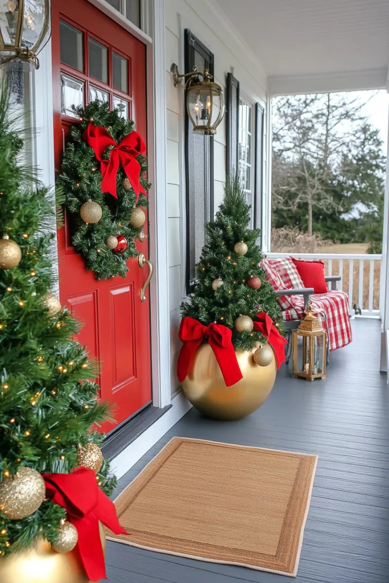 elegant topiary trees in gold pots adorned with trailing red ribbons and fairy lights 1