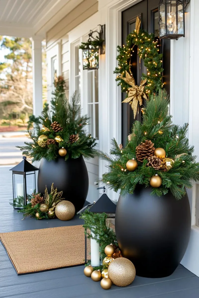 15 Dreamy Front Porch Christmas Trees to Try This Year 4 elegant urn planters overflowing with evergreen mini trees and gold baubles 1