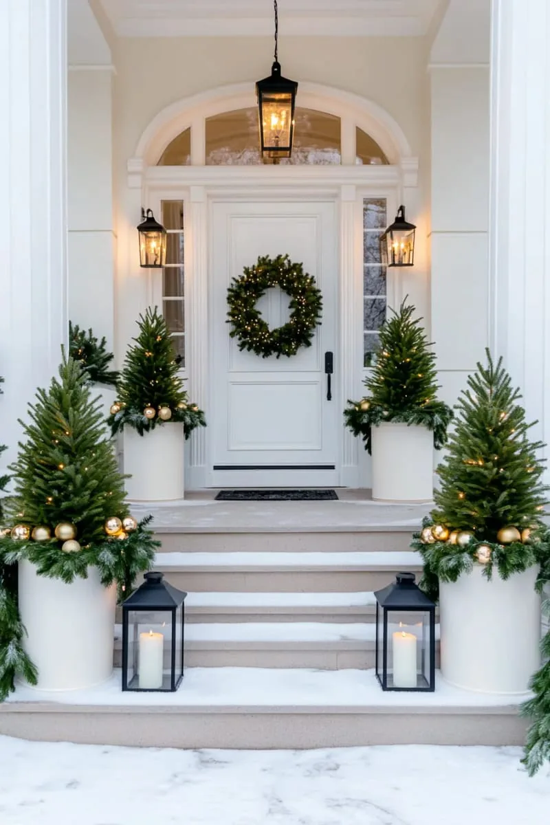 15 Dreamy Front Porch Christmas Trees to Try This Year 5 elegant urn planters overflowing with evergreen mini trees and gold baubles 1