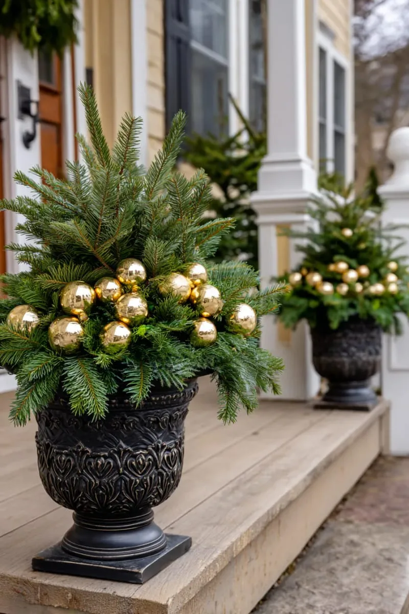 15 Dreamy Front Porch Christmas Trees to Try This Year 6 elegant urn planters overflowing with evergreen mini trees and gold baubles 1