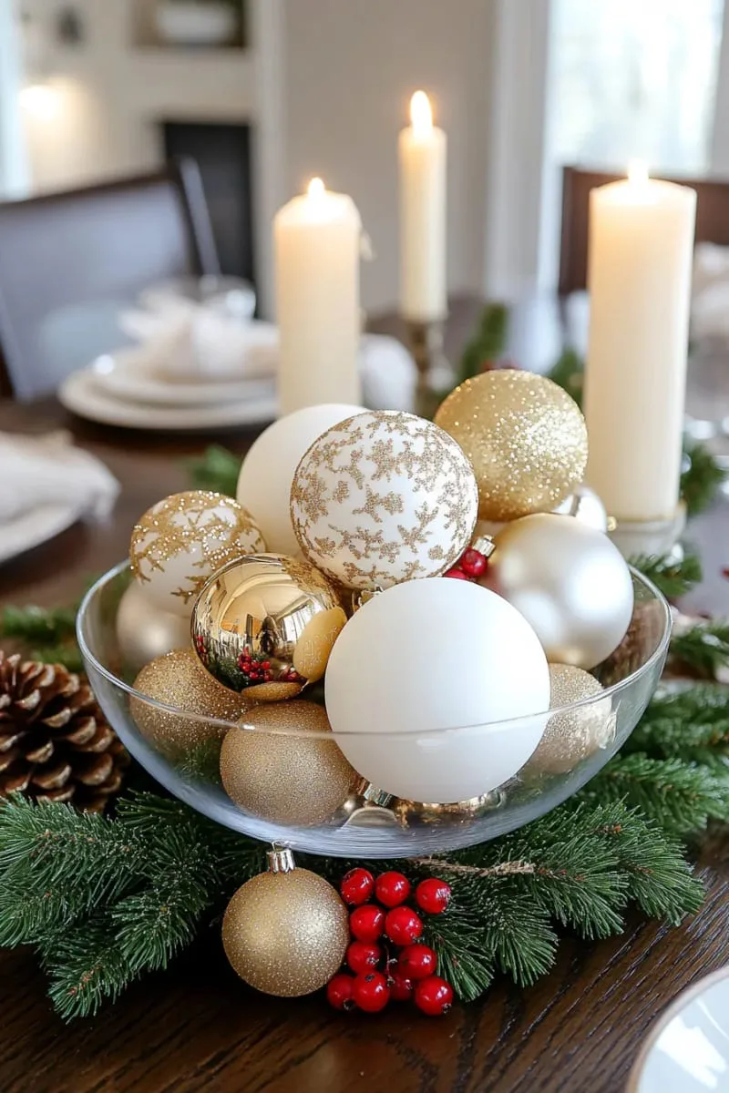 25 New Gorgeous White Christmas Decor Ideas That Wow 30 elegant white and gold baubles filling a clear glass bowl centerpiece 1