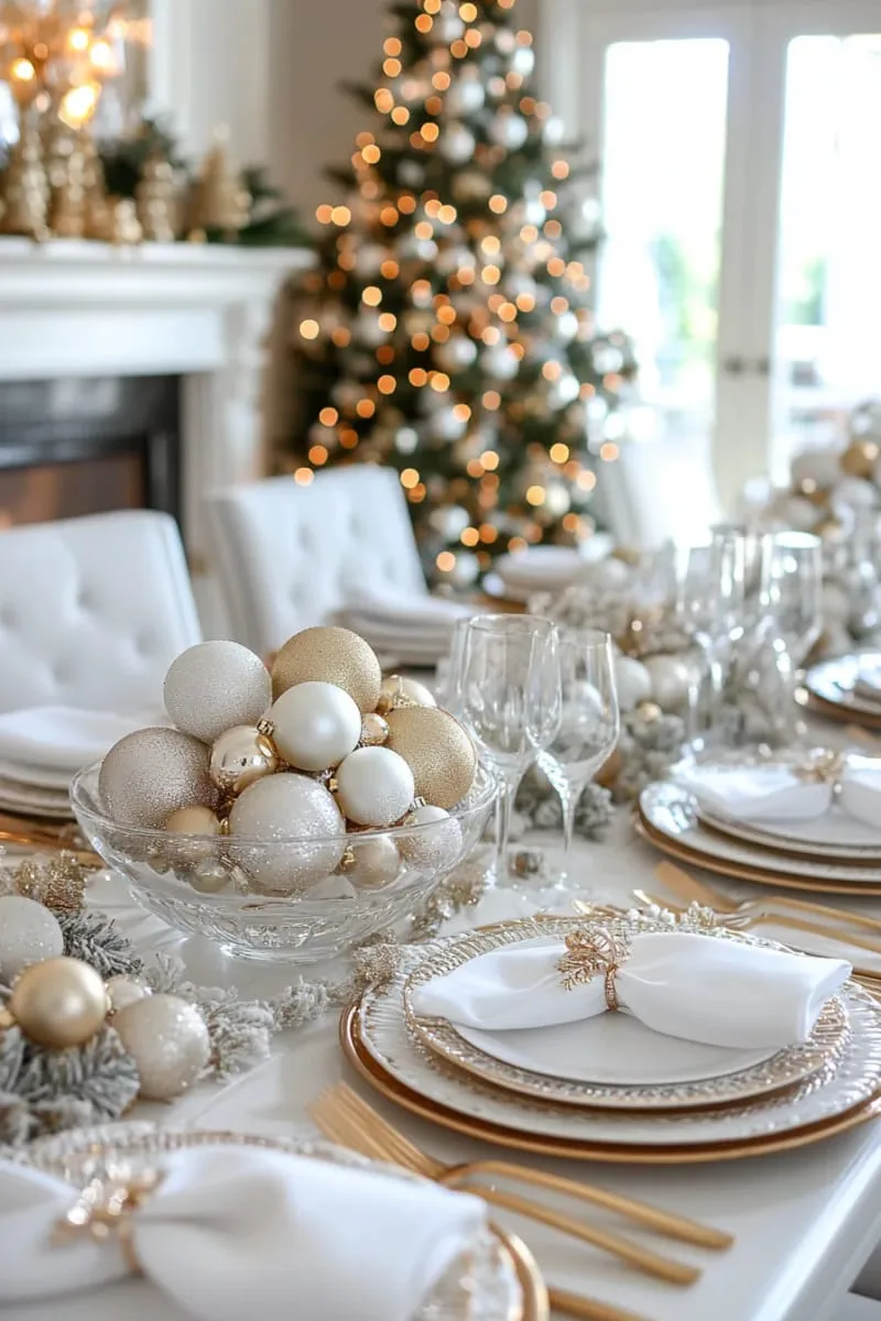 25 New Gorgeous White Christmas Decor Ideas That Wow 31 elegant white and gold baubles filling a clear glass bowl centerpiece 1