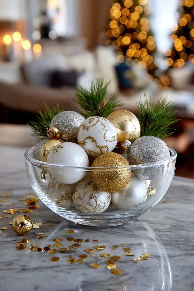 25 New Gorgeous White Christmas Decor Ideas That Wow 33 elegant white and gold baubles filling a clear glass bowl centerpiece 1