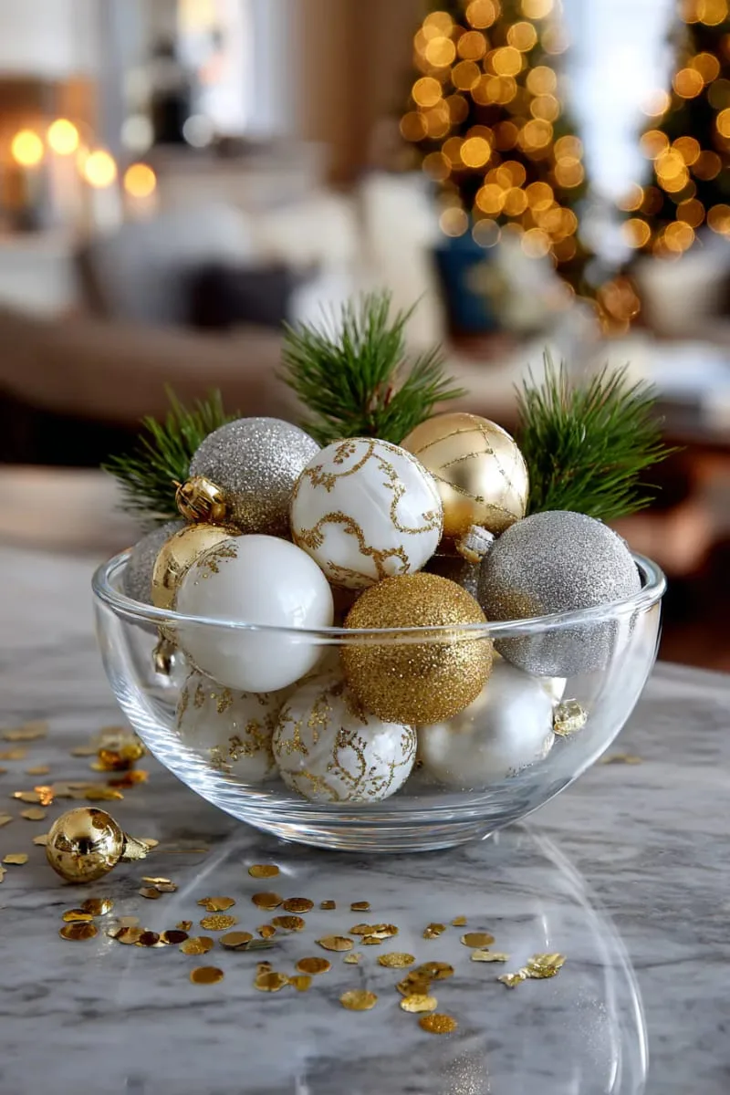 25 New Gorgeous White Christmas Decor Ideas That Wow 32 elegant white and gold baubles filling a clear glass bowl centerpiece 1