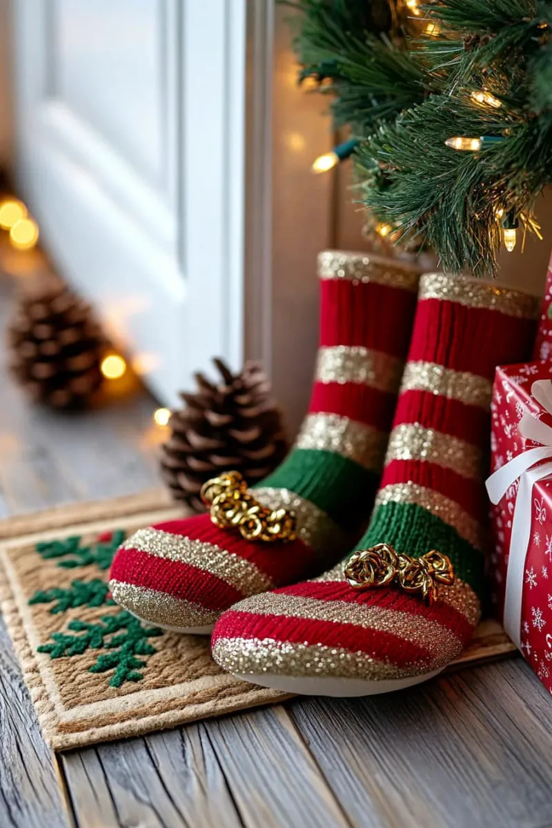 27 Stunning Christmas Decoration Crafts for a Unique 2025 34 elf legs peeking out from under the door for playful door decor 1