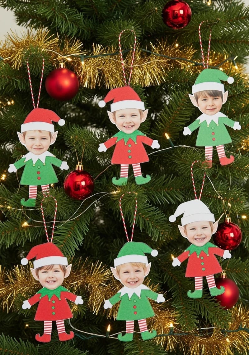 elf photo ornaments with kids’ faces on paper elf bodies, felt hats included 1
