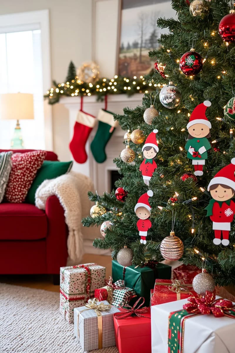 elf photo ornaments with kids’ faces on paper elf bodies, felt hats included 1