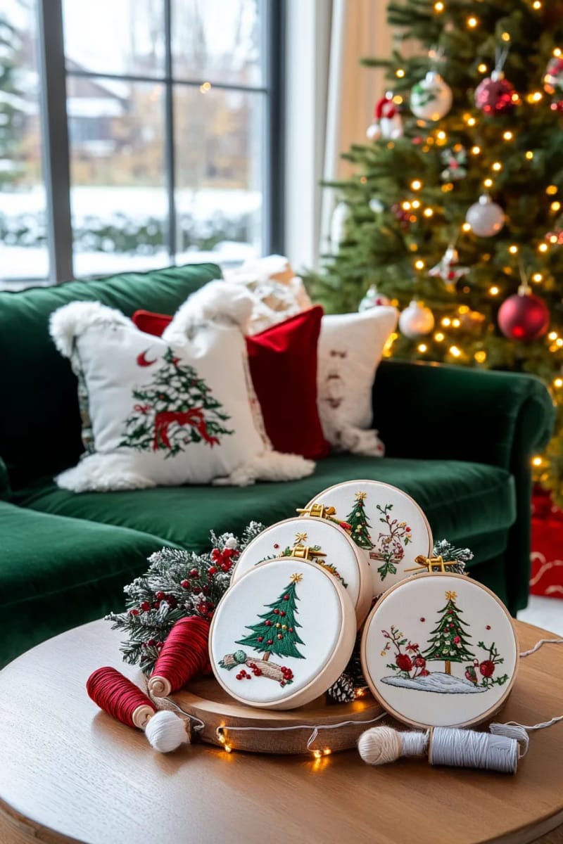 embroidered hoop ornaments featuring winter scenes and christmas trees 1