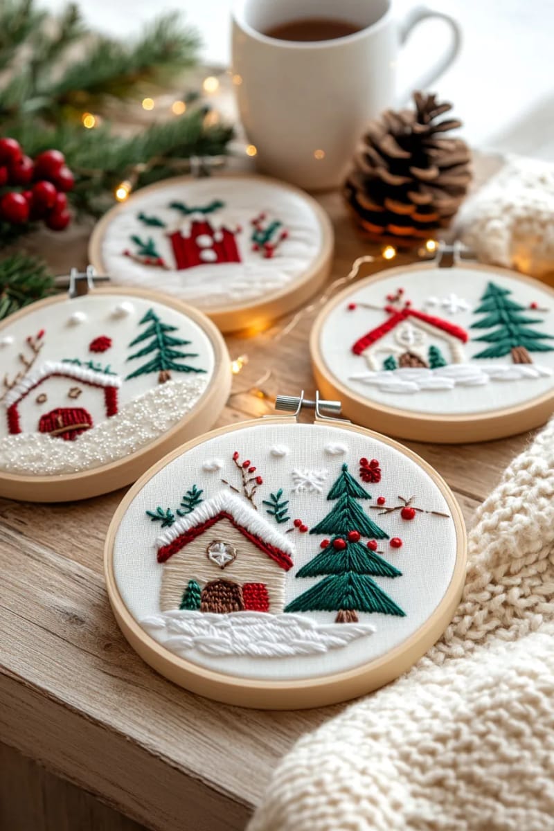 embroidered hoop ornaments featuring winter scenes and christmas trees 1