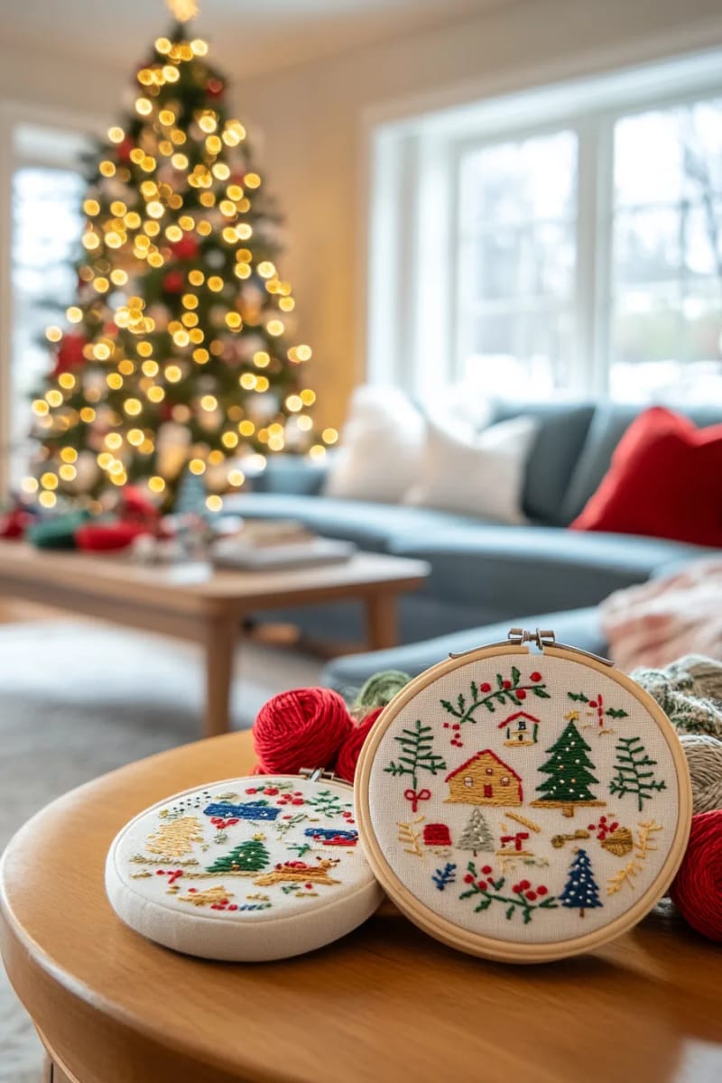 embroidered hoop ornaments featuring winter scenes and christmas trees 1