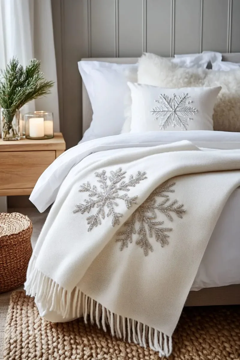 embroidered snowflake throw blanket draped over bed 1