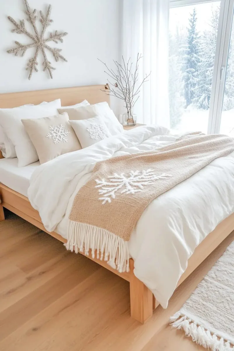 embroidered snowflake throw blanket draped over bed 1