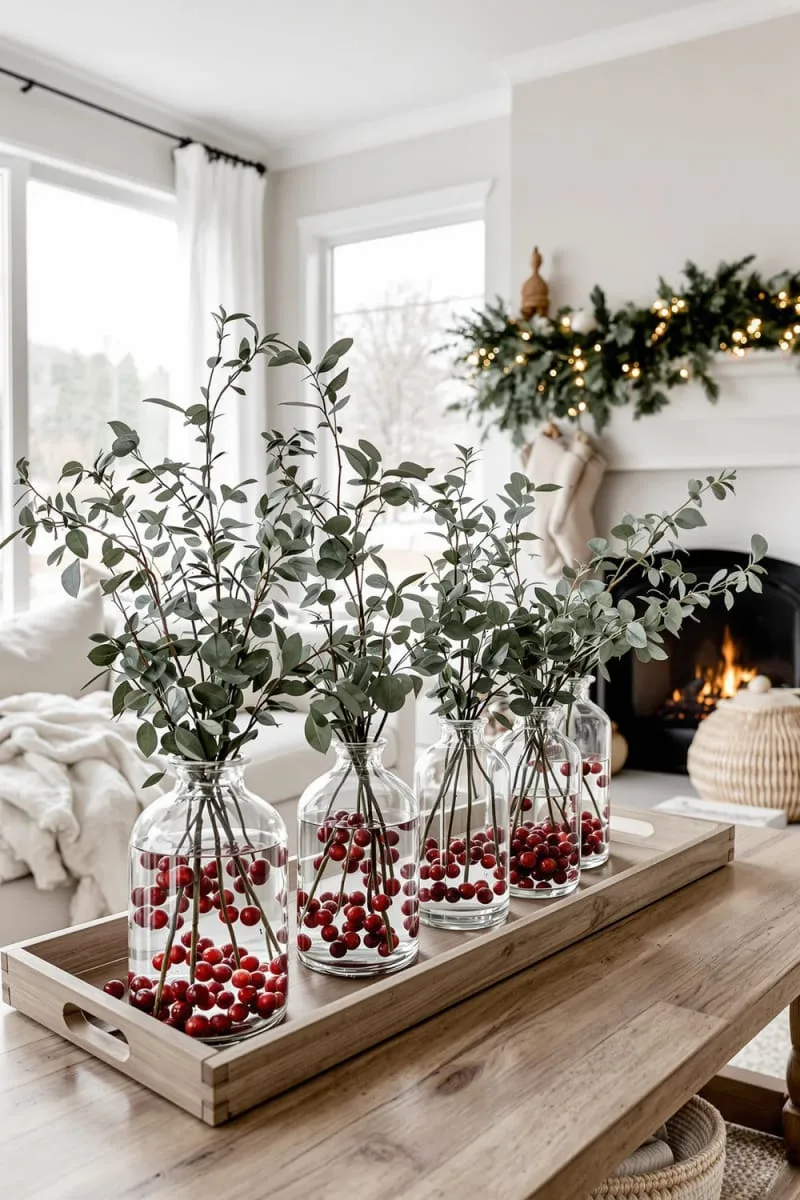 eucalyptus branches in clear vases with floating cranberries 1
