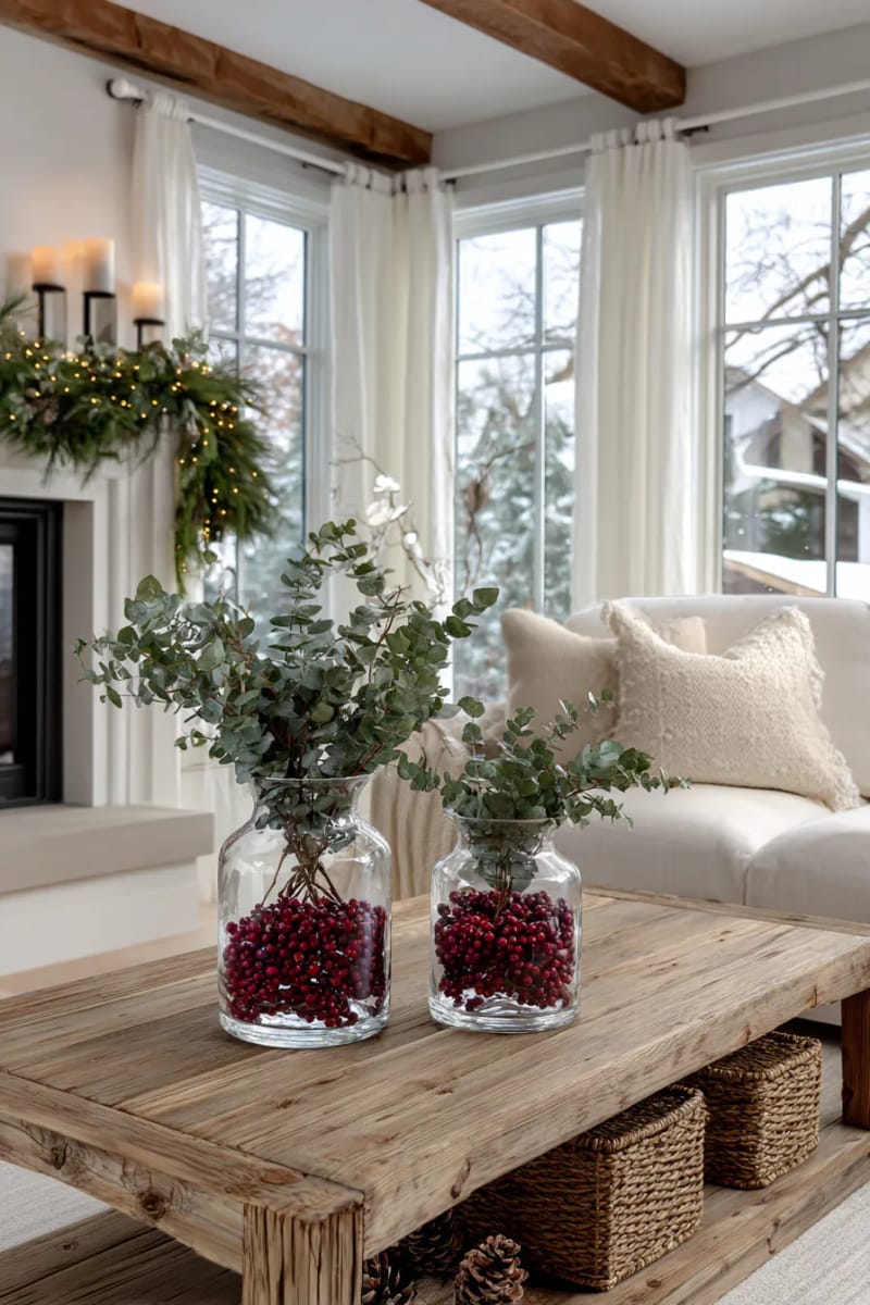 29 Inspiring Natural Christmas Decor Ideas for Modern Homes 25 eucalyptus branches in clear vases with floating cranberries 1