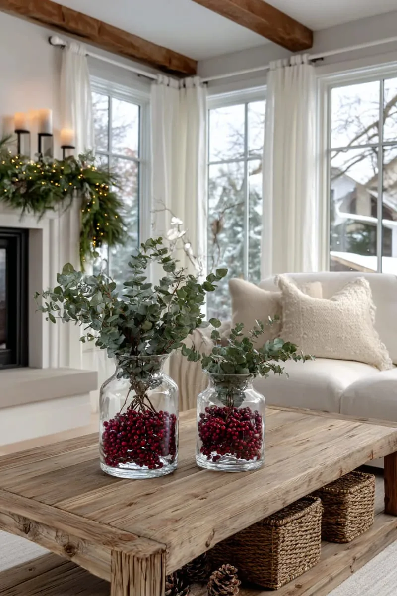 eucalyptus branches in clear vases with floating cranberries 1