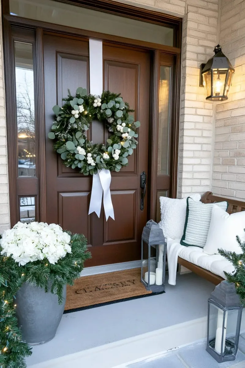 eucalyptus wreath adorned with white berries and velvet ribbon 1