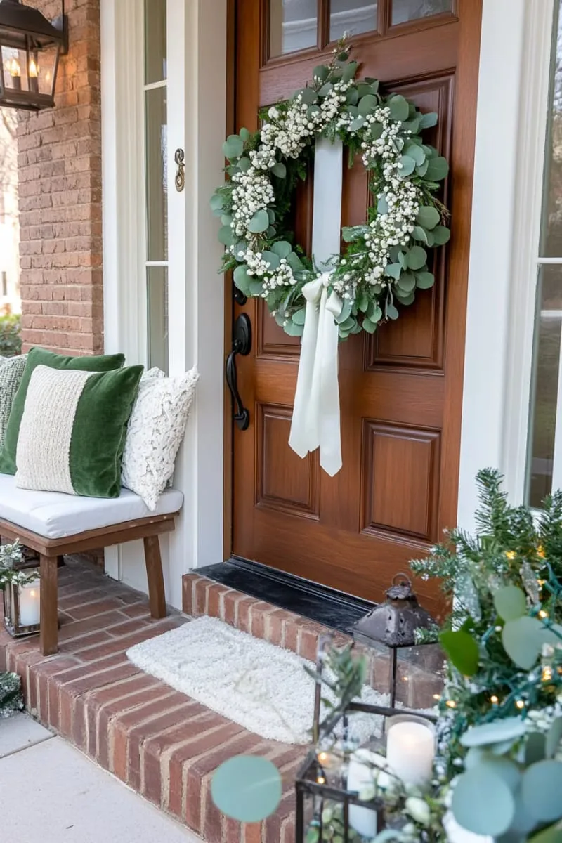 eucalyptus wreath adorned with white berries and velvet ribbon 1