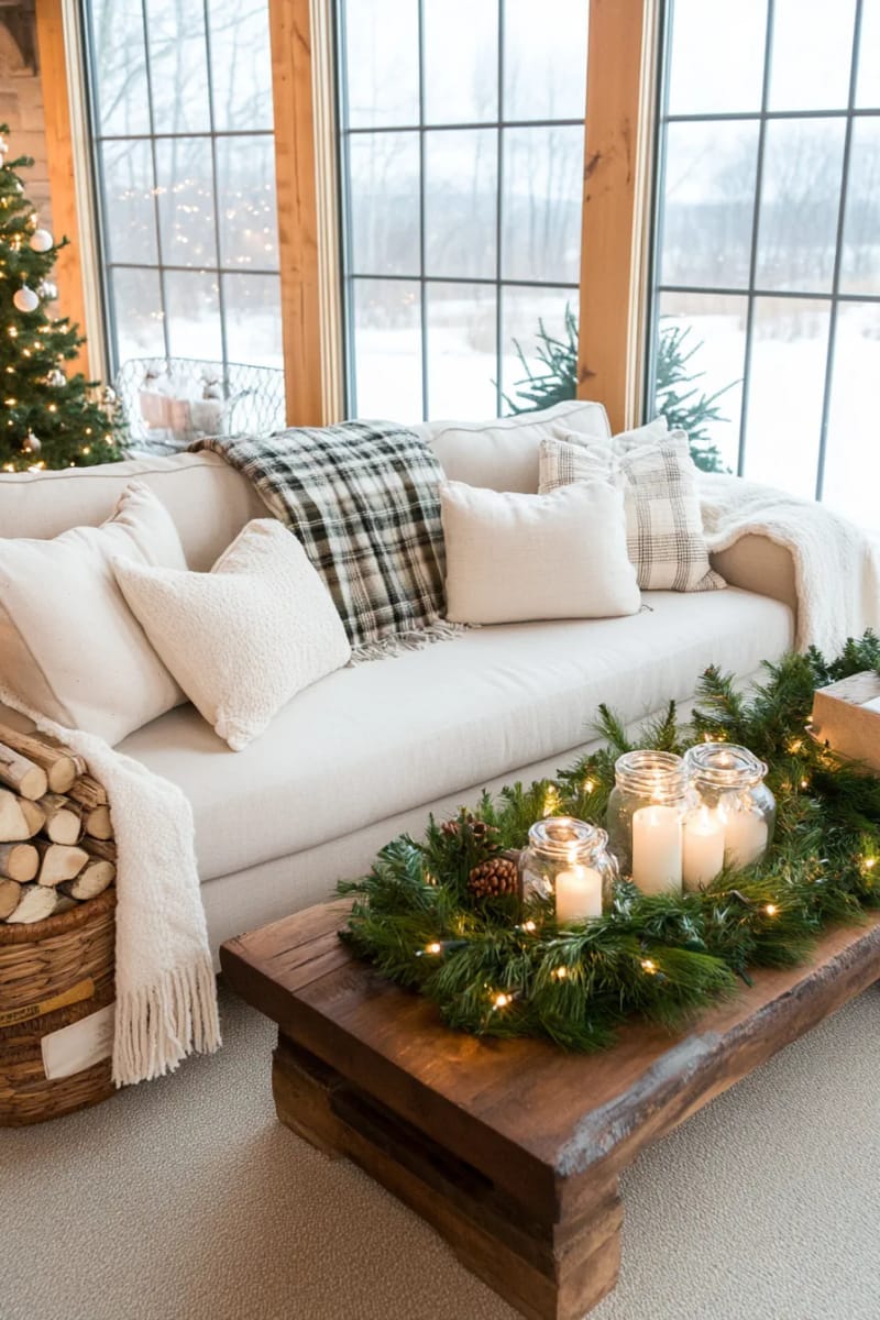23 Woodsy Christmas Decor Ideas for a Rustic, Cabin-Cozy Holiday 42 evergreen branches tucked into baskets alongside birch logs 1