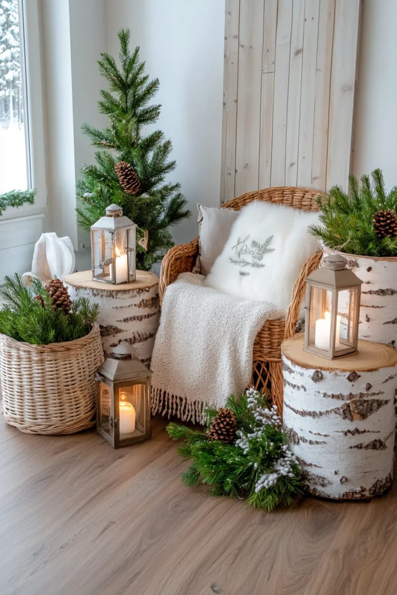 23 Woodsy Christmas Decor Ideas for a Rustic, Cabin-Cozy Holiday 43 evergreen branches tucked into baskets alongside birch logs 1