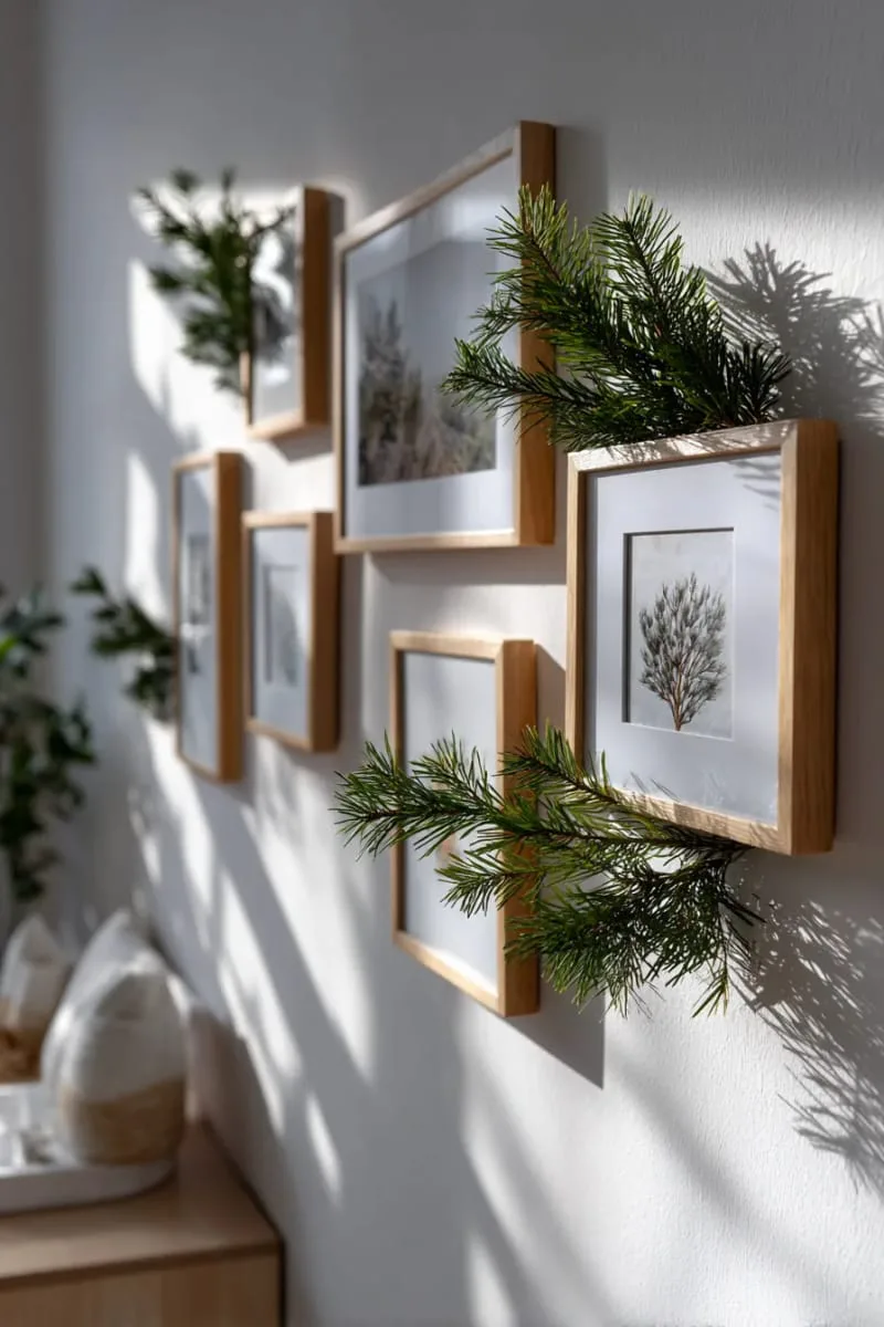 29 Simple Christmas Decor Ideas for a Beautiful Holiday Season 43 evergreen sprigs tucked into wall art or framed prints 1