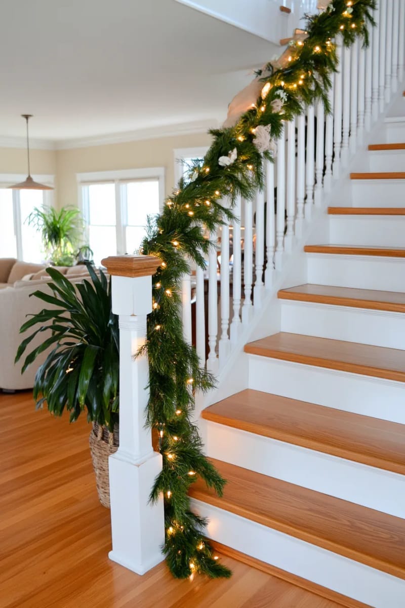 fairy lights winding up banisters for a magical indoor glow 1
