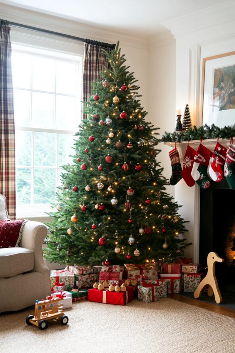 family gathered for stories around a tree with classic wooden toys 1