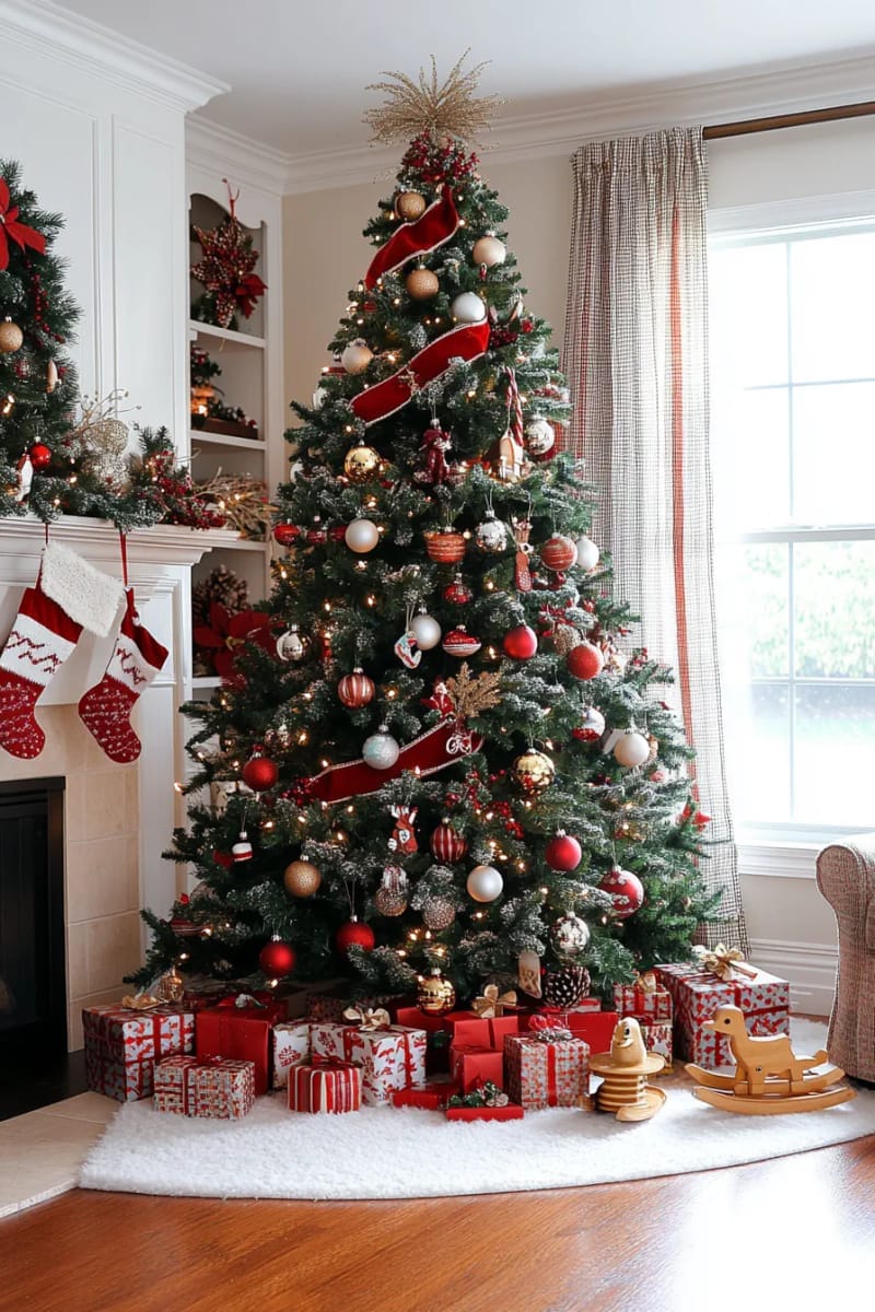 family gathered for stories around a tree with classic wooden toys 1