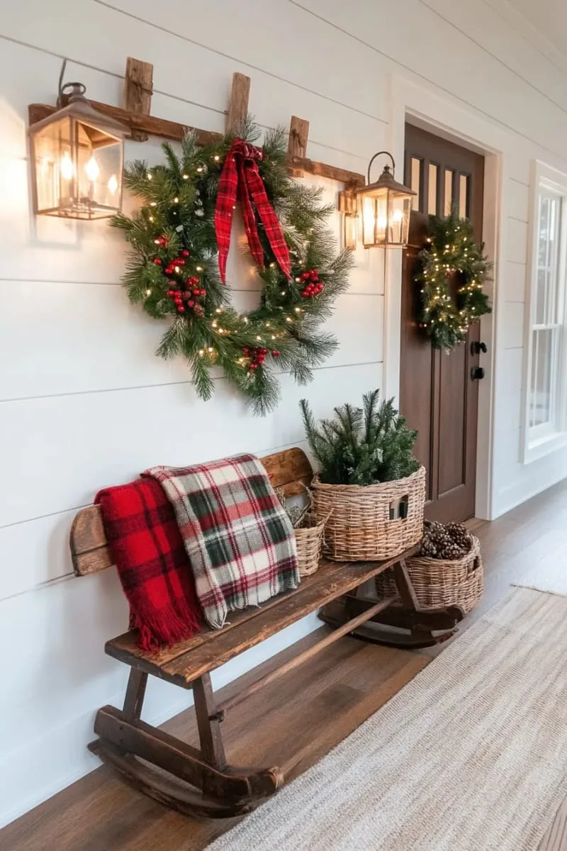 farmhouse entryway with wooden sled, plaid scarves, and pine sprigs 1