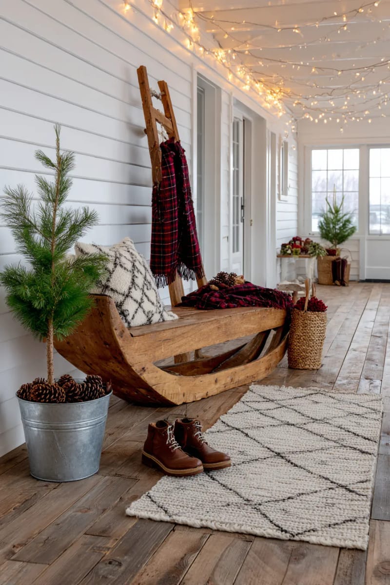 29 Pretty Christmas Decorations for a Magical Holiday Season 42 farmhouse entryway with wooden sled, plaid scarves, and pine sprigs 1