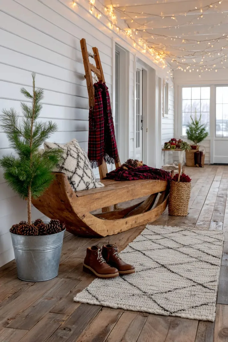 farmhouse entryway with wooden sled, plaid scarves, and pine sprigs 1