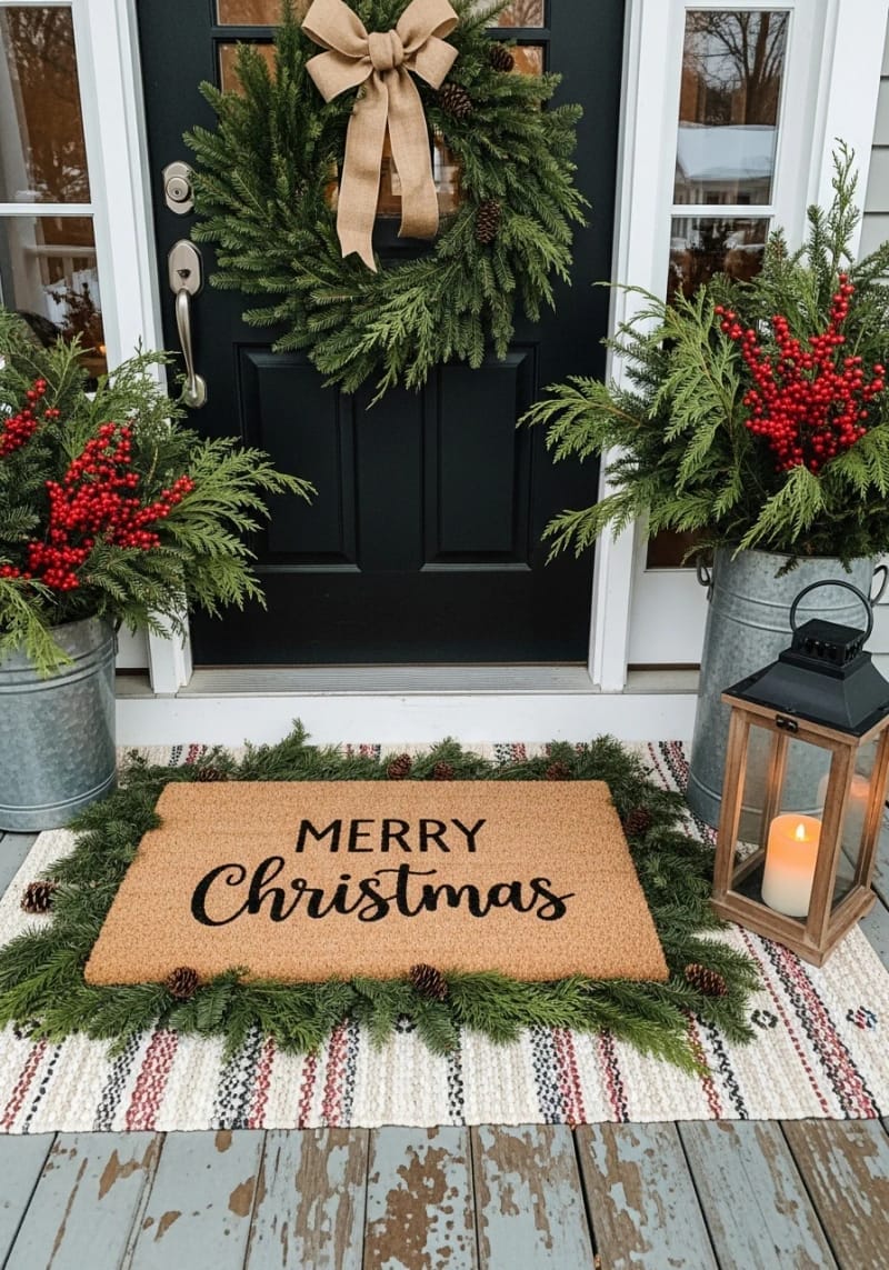 farmhouse-inspired rug layered under a natural coir doormat with pine accents. 1