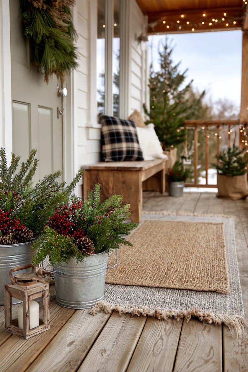 farmhouse-inspired rug layered under a natural coir doormat with pine accents. 1
