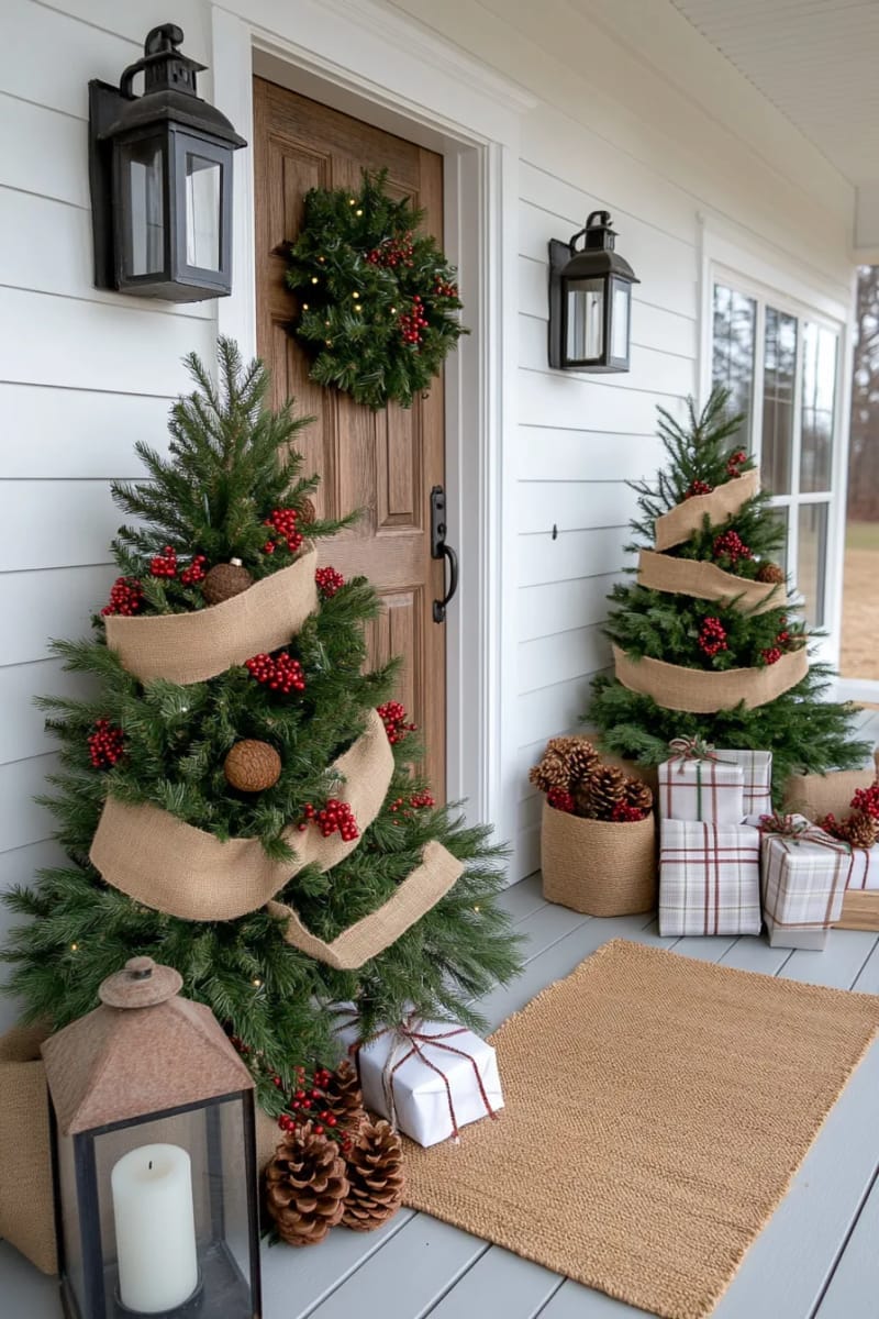 15 Dreamy Front Porch Christmas Trees to Try This Year 10 farmhouse-inspired trees flanking the front door, adorned with burlap ribbons 1