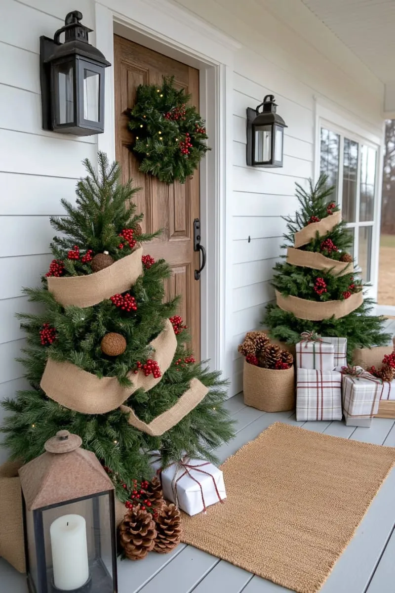 15 Dreamy Front Porch Christmas Trees to Try This Year 9 farmhouse-inspired trees flanking the front door, adorned with burlap ribbons 1