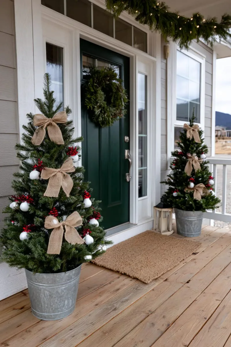 15 Dreamy Front Porch Christmas Trees to Try This Year 10 farmhouse-inspired trees flanking the front door, adorned with burlap ribbons 1