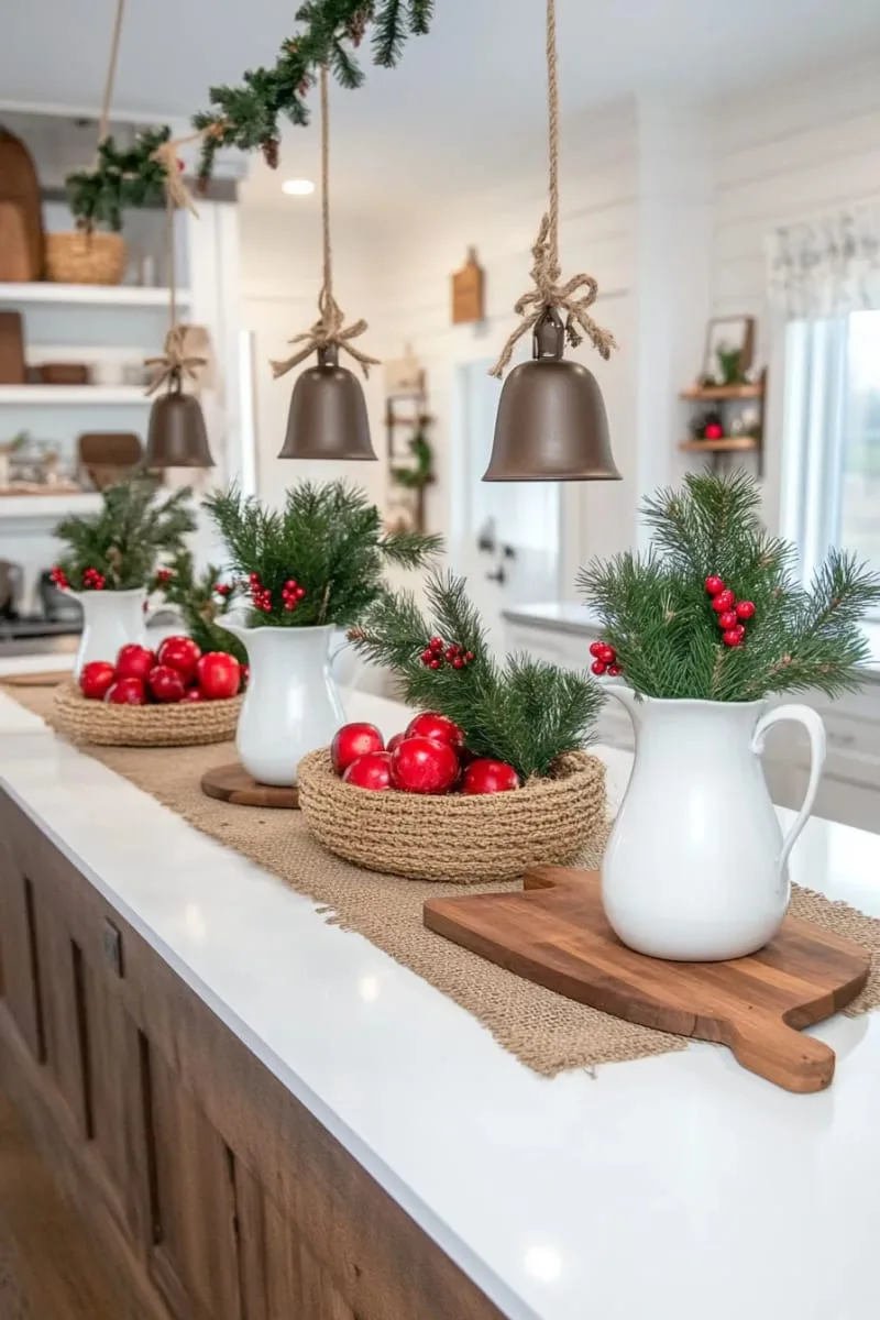 farmhouse island decor: white pitchers, fresh pine, and rustic bells 1