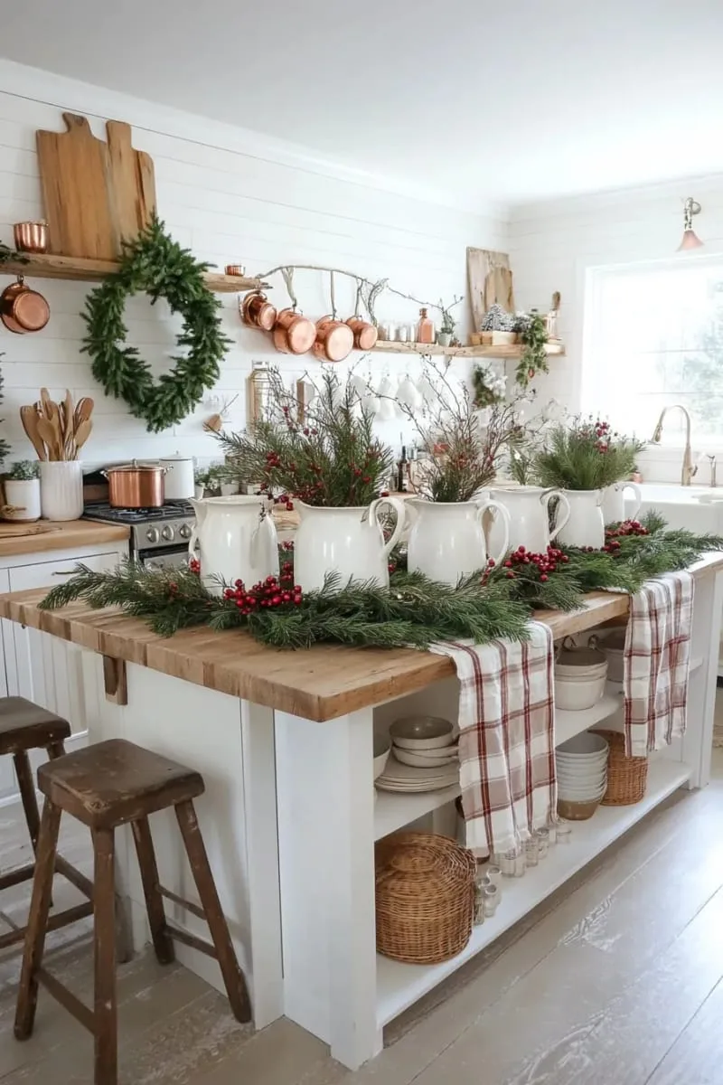 farmhouse island decor: white pitchers, fresh pine, and rustic bells 1