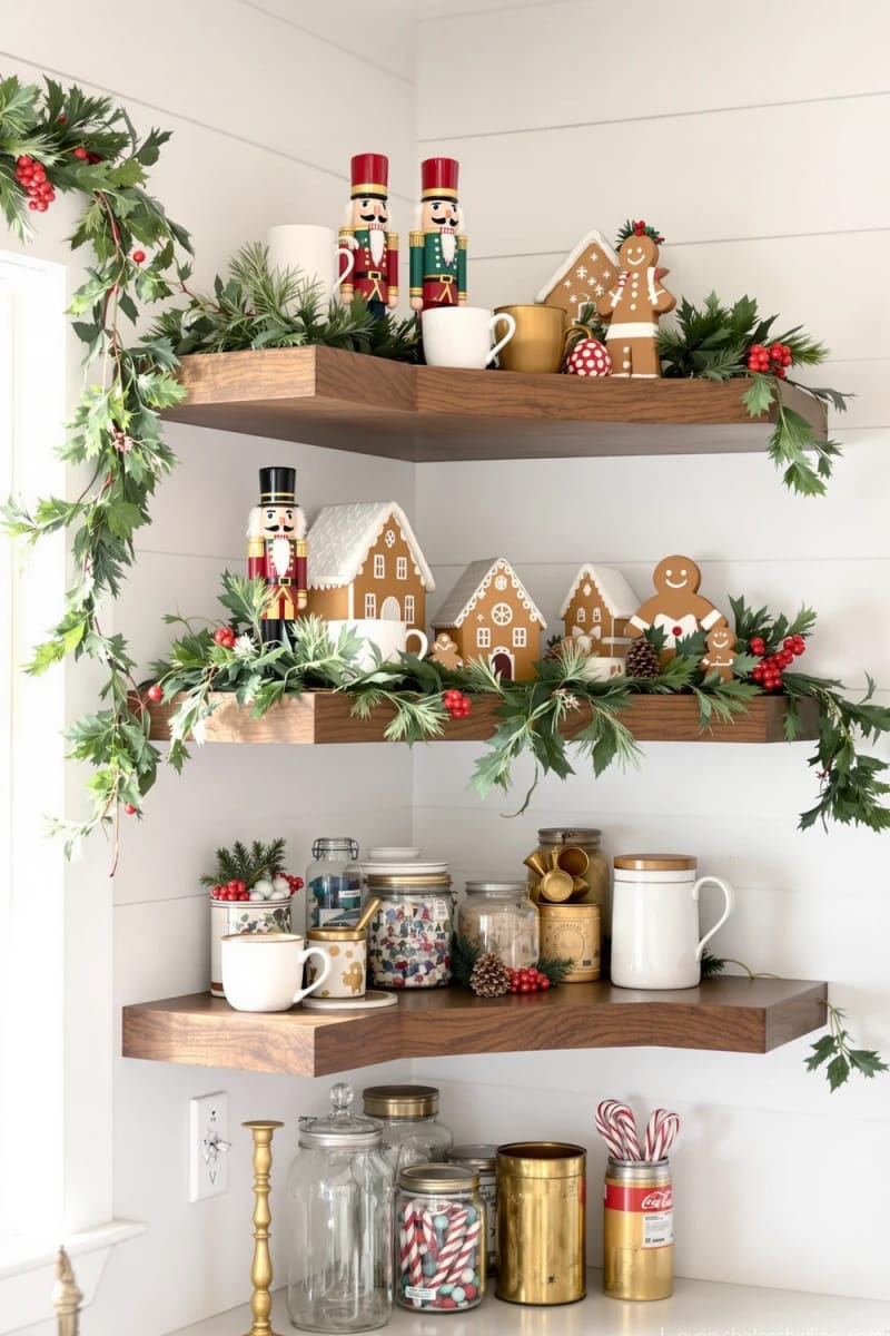 farmhouse kitchen shelves styled with nutcrackers, gingerbread, and greenery 1