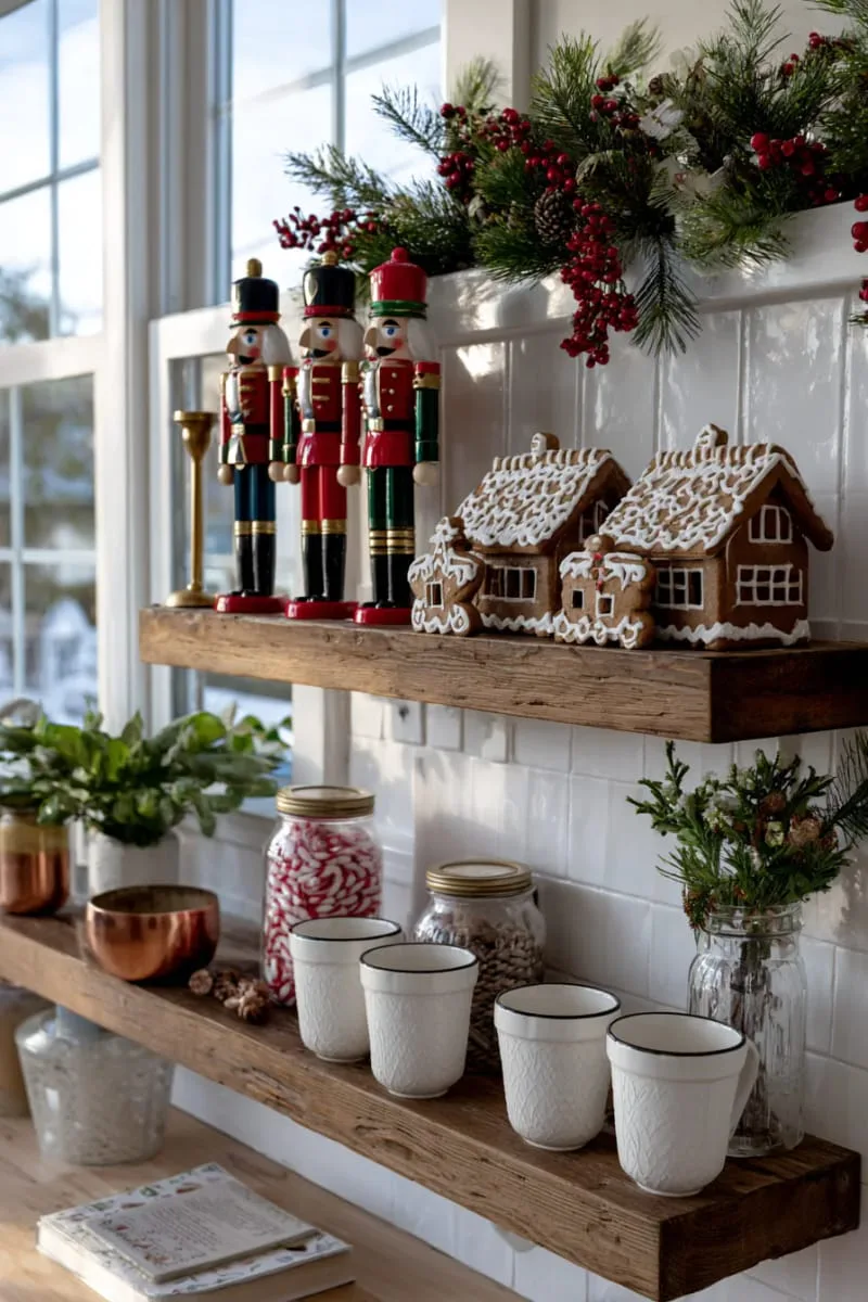 farmhouse kitchen shelves styled with nutcrackers, gingerbread, and greenery 1