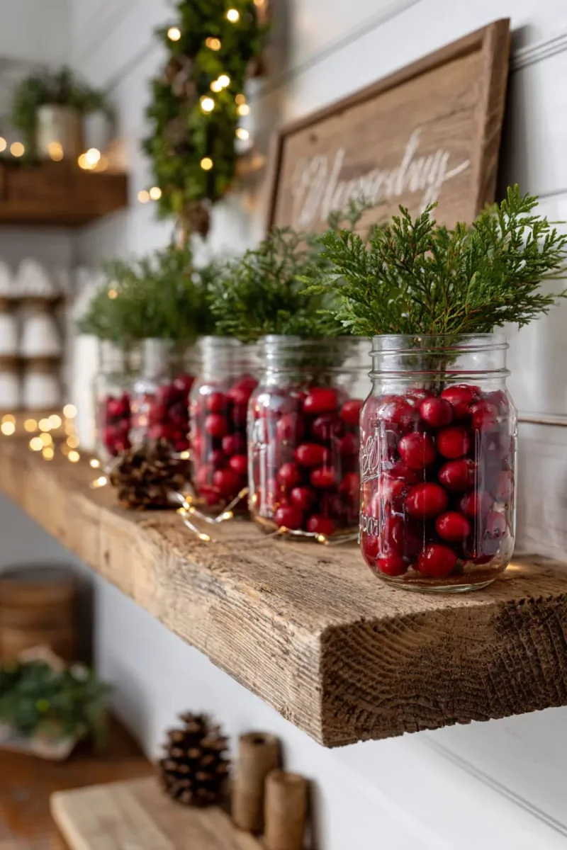 farmhouse shelf with mason jars filled with cranberries and sprigs of cedar 1