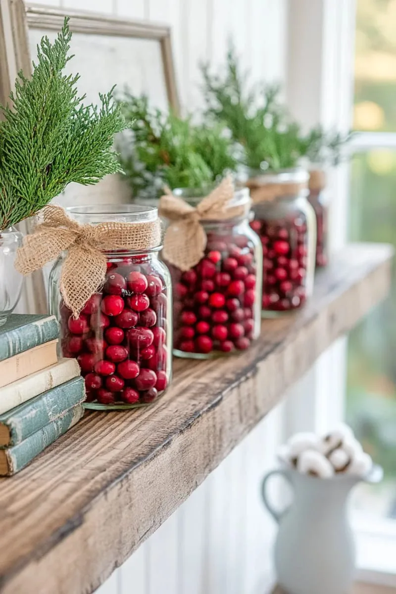 farmhouse shelf with mason jars filled with cranberries and sprigs of cedar 1